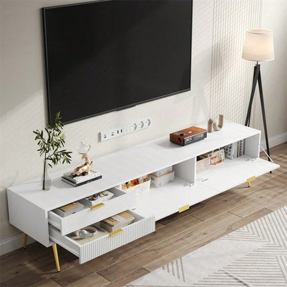 Stilvoller TV-Schrank, lowboard. Mit Schubladen und Türen, Wohnzimmermöbel. Modernes Design. goldene Griffe und Beine.