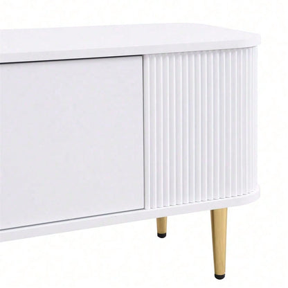 TV-Schrank mit Schubladen, geschwungenen Ecken, Wohnzimmer-TV-Schrank mit gewellten Seiten, goldenen Griffen und Beinen