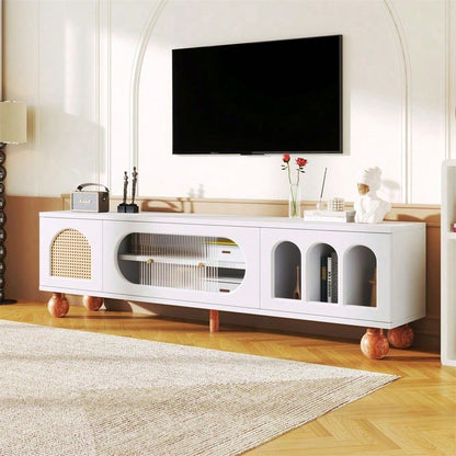TV-Möbel, TV-Möbel mit Rattan-ähnlicher Tür, Glasschiebetür, drei offenen Bogenbereichen, lowboard mit goldenen Griffen und massiven Holzfüßen