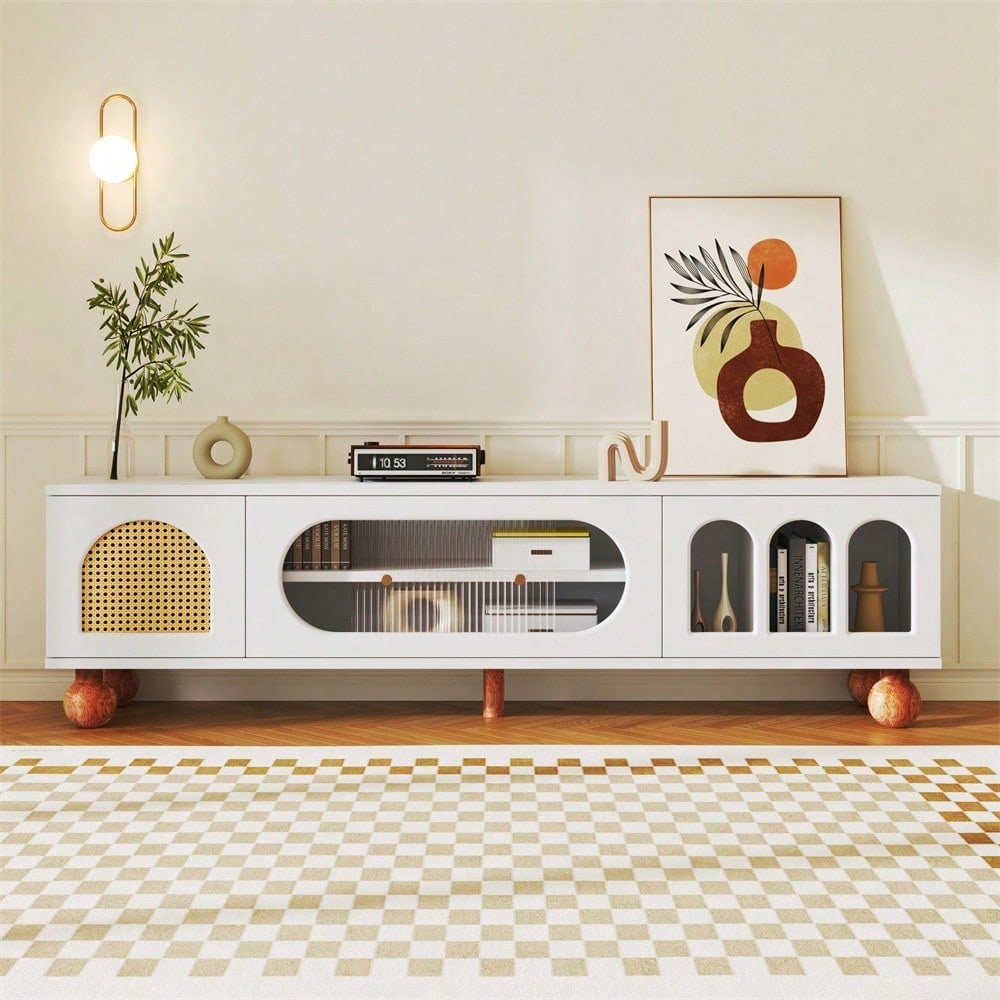 TV-Möbel, TV-Möbel mit Rattan-ähnlicher Tür, Glasschiebetür, drei offenen Bogenbereichen, lowboard mit goldenen Griffen und massiven Holzfüßen