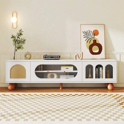 TV-Möbel, TV-Möbel mit Rattan-ähnlicher Tür, Glasschiebetür, drei offenen Bogenbereichen, lowboard mit goldenen Griffen und massiven Holzfüßen