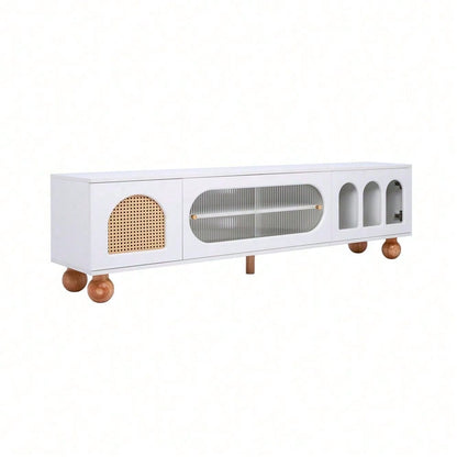 TV-Möbel, TV-Möbel mit Rattan-ähnlicher Tür, Glasschiebetür, drei offenen Bogenbereichen, lowboard mit goldenen Griffen und massiven Holzfüßen