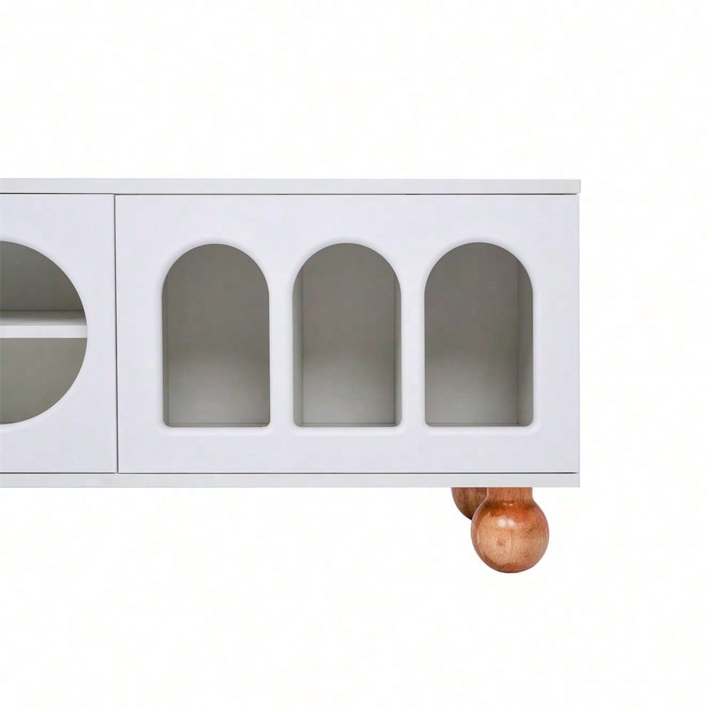 TV-Möbel, TV-Möbel mit Rattan-ähnlicher Tür, Glasschiebetür, drei offenen Bogenbereichen, lowboard mit goldenen Griffen und massiven Holzfüßen