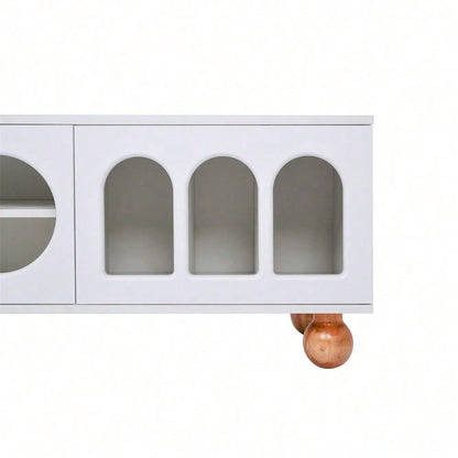 TV-Möbel, TV-Möbel mit Rattan-ähnlicher Tür, Glasschiebetür, drei offenen Bogenbereichen, lowboard mit goldenen Griffen und massiven Holzfüßen
