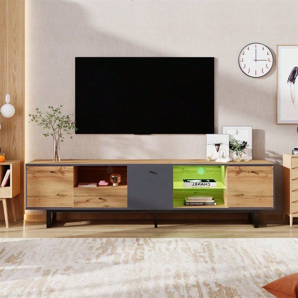 Lowboard, Wohnzimmer-TV-Schrank mit LED-Lichteffekt, Glastrennwand, Pufferscharnier, farblich passendes Design