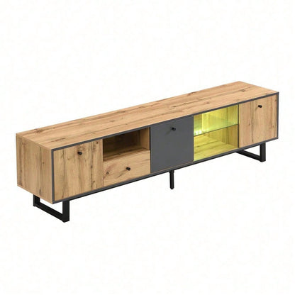 Lowboard, Wohnzimmer-TV-Schrank mit LED-Lichteffekt, Glastrennwand, Pufferscharnier, farblich passendes Design