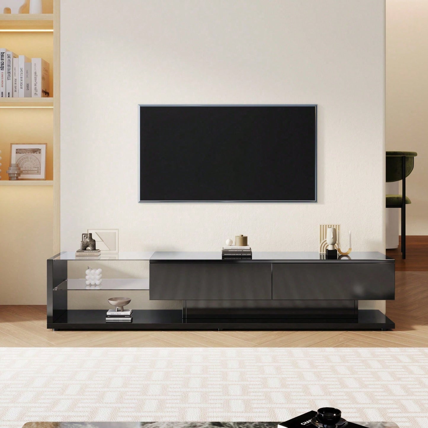 V-Schränke, Lowboards, Hochglanz-Wohnzimmermöbel. Glastrennwände und variable LED-Beleuchtung. Es verbindet natürlichen, rustikalen Stil mit modernem Design.