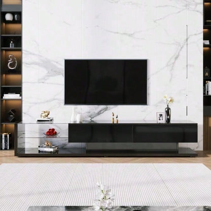 V-Schränke, Lowboards, Hochglanz-Wohnzimmermöbel. Glastrennwände und variable LED-Beleuchtung. Es verbindet natürlichen, rustikalen Stil mit modernem Design.