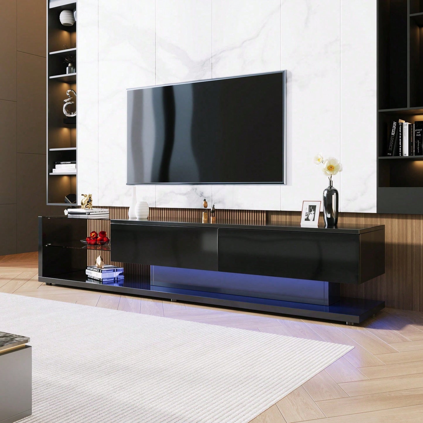 V-Schränke, Lowboards, Hochglanz-Wohnzimmermöbel. Glastrennwände und variable LED-Beleuchtung. Es verbindet natürlichen, rustikalen Stil mit modernem Design.