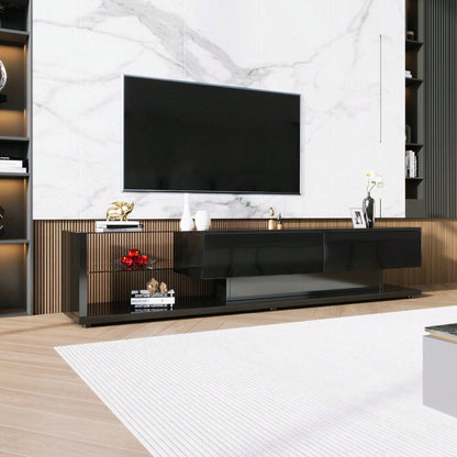 V-Schränke, Lowboards, Hochglanz-Wohnzimmermöbel. Glastrennwände und variable LED-Beleuchtung. Es verbindet natürlichen, rustikalen Stil mit modernem Design.