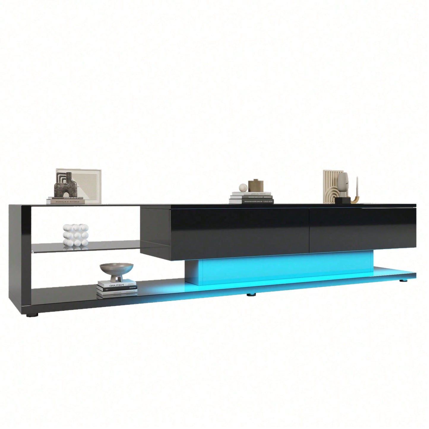 V-Schränke, Lowboards, Hochglanz-Wohnzimmermöbel. Glastrennwände und variable LED-Beleuchtung. Es verbindet natürlichen, rustikalen Stil mit modernem Design.