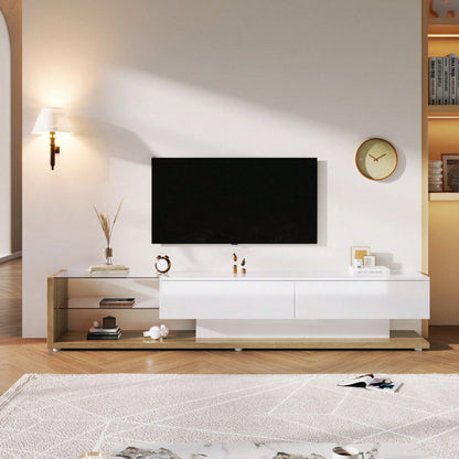 V-Schränke, Lowboards, Hochglanz-Wohnzimmermöbel. Glastrennwände und variable LED-Beleuchtung. Es verbindet natürlichen, rustikalen Stil mit modernem Design.