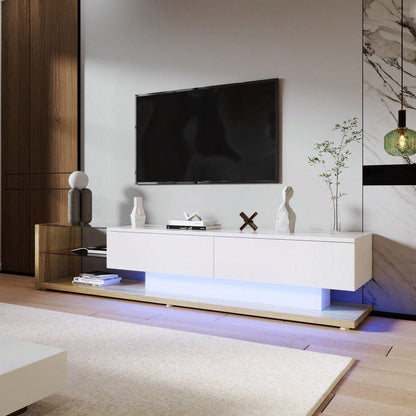 V-Schränke, Lowboards, Hochglanz-Wohnzimmermöbel. Glastrennwände und variable LED-Beleuchtung. Es verbindet natürlichen, rustikalen Stil mit modernem Design.