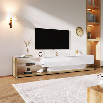 V-Schränke, Lowboards, Hochglanz-Wohnzimmermöbel. Glastrennwände und variable LED-Beleuchtung. Es verbindet natürlichen, rustikalen Stil mit modernem Design.