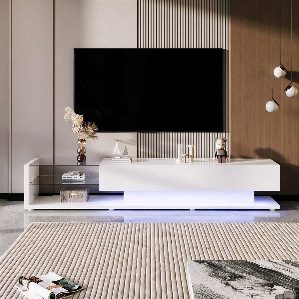 V-Schränke, Lowboards, Hochglanz-Wohnzimmermöbel. Glastrennwände und variable LED-Beleuchtung. Es verbindet natürlichen, rustikalen Stil mit modernem Design.