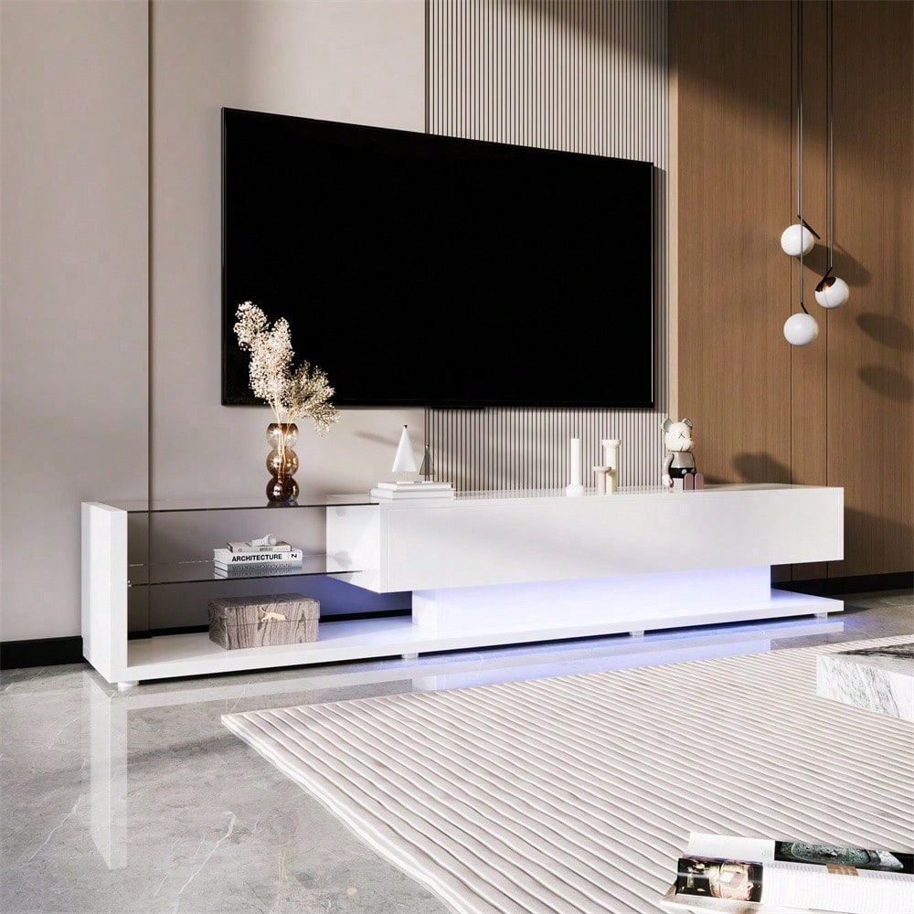 V-Schränke, Lowboards, Hochglanz-Wohnzimmermöbel. Glastrennwände und variable LED-Beleuchtung. Es verbindet natürlichen, rustikalen Stil mit modernem Design.