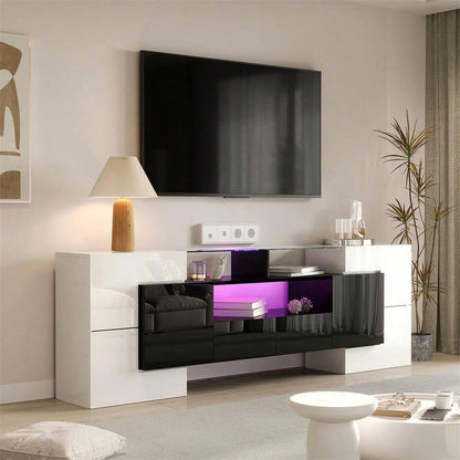 Stilvoller TV-Schrank, niedriges Panel. Hochglanz-Weiß und Schwarz, 200 cm, LED-Beleuchtung, Wohnzimmermöbel. Modernes Design. Elegante Glasoberfläche.