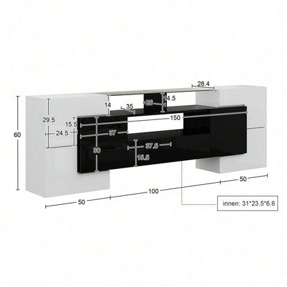 Stilvoller TV-Schrank, niedriges Panel. Hochglanz-Weiß und Schwarz, 200 cm, LED-Beleuchtung, Wohnzimmermöbel. Modernes Design. Elegante Glasoberfläche.