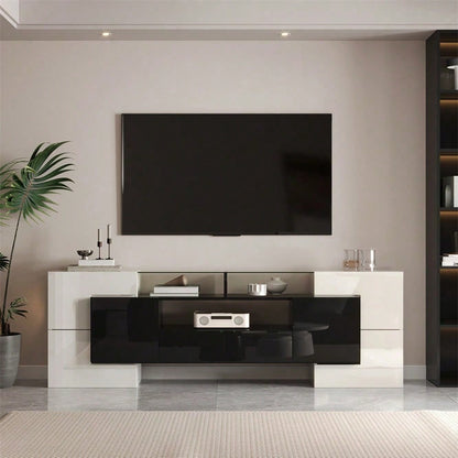 Stilvoller TV-Schrank, niedriges Panel. Hochglanz-Weiß und Schwarz, 200 cm, LED-Beleuchtung, Wohnzimmermöbel. Modernes Design. Elegante Glasoberfläche.