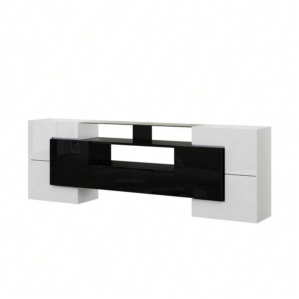 Stilvoller TV-Schrank, niedriges Panel. Hochglanz-Weiß und Schwarz, 200 cm, LED-Beleuchtung, Wohnzimmermöbel. Modernes Design. Elegante Glasoberfläche.