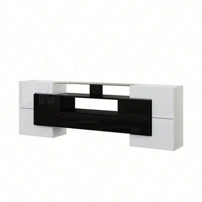 Stilvoller TV-Schrank, niedriges Panel. Hochglanz-Weiß und Schwarz, 200 cm, LED-Beleuchtung, Wohnzimmermöbel. Modernes Design. Elegante Glasoberfläche.