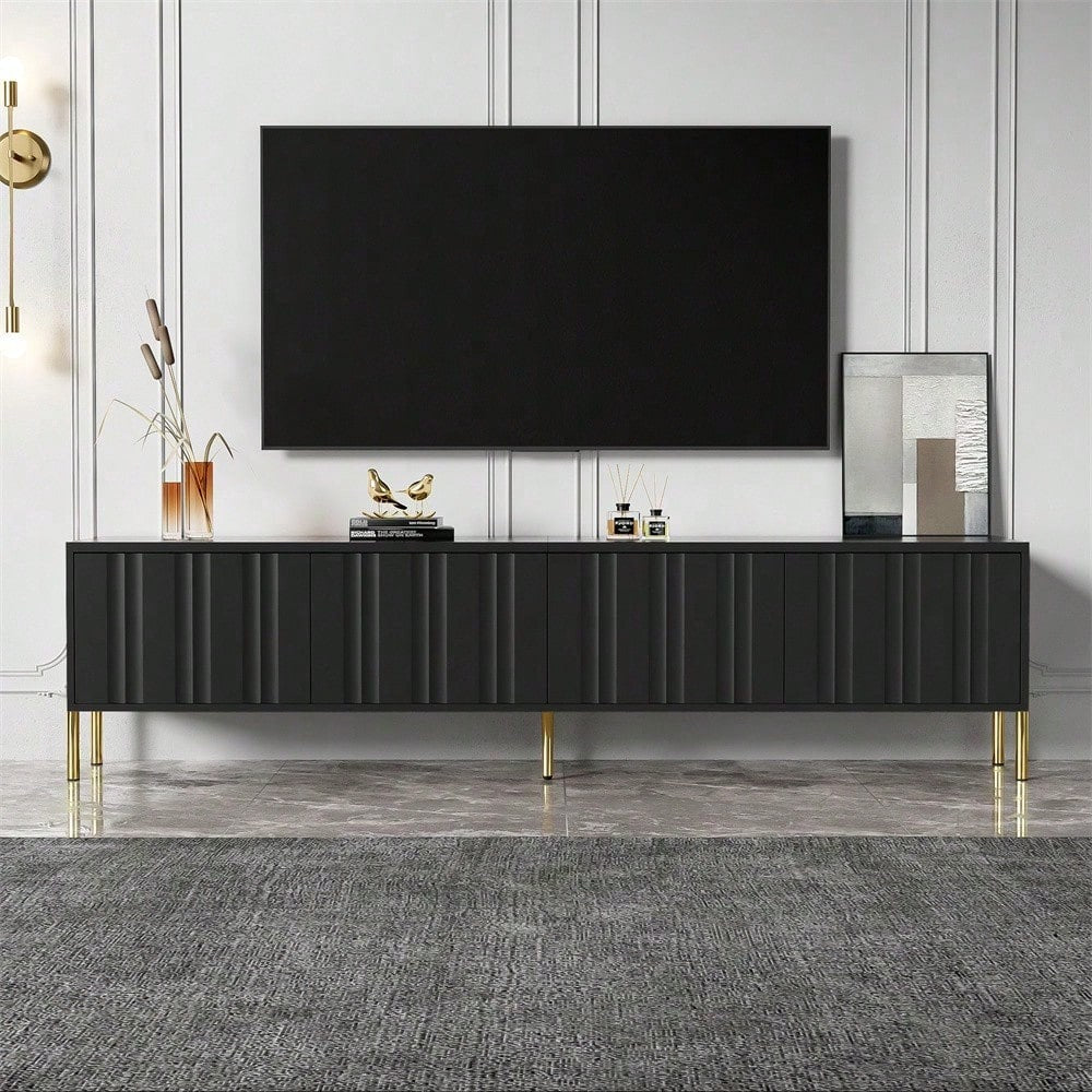Weißes TV-Schrank, 190 cm lang x 38 cm breit x 48 cm hoch, goldene Tischbeine, gerilltes Türdesign