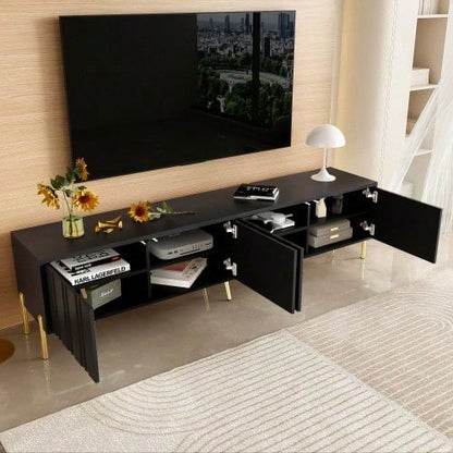 Weißes TV-Schrank, 190 cm lang x 38 cm breit x 48 cm hoch, goldene Tischbeine, gerilltes Türdesign
