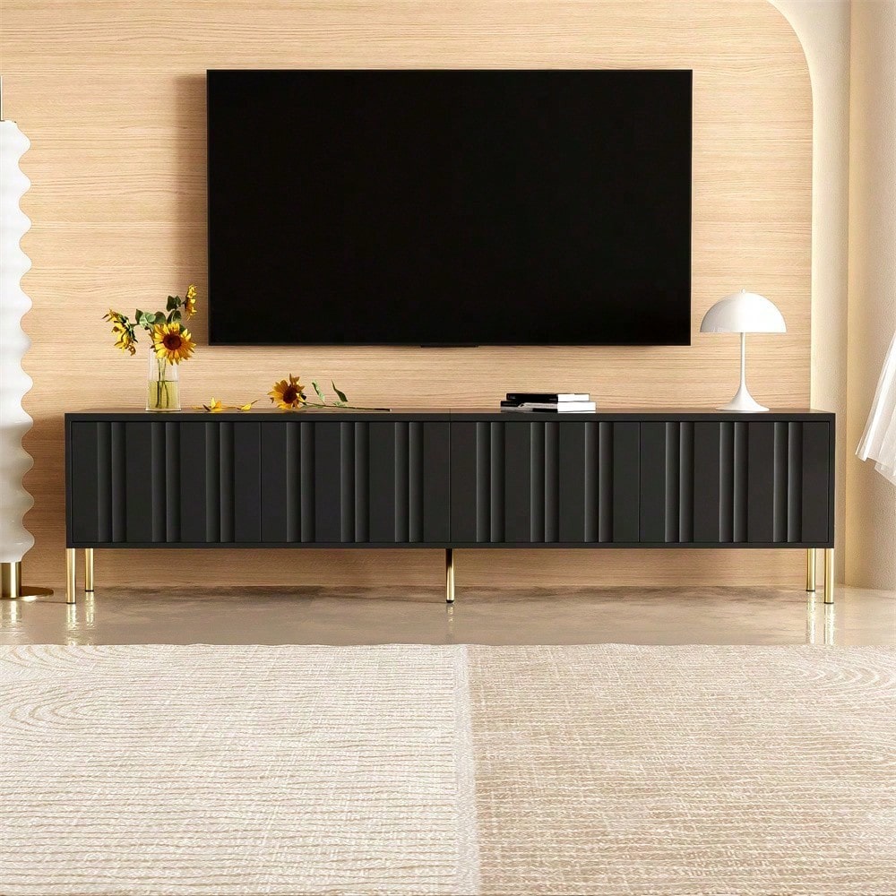 Weißes TV-Schrank, 190 cm lang x 38 cm breit x 48 cm hoch, goldene Tischbeine, gerilltes Türdesign