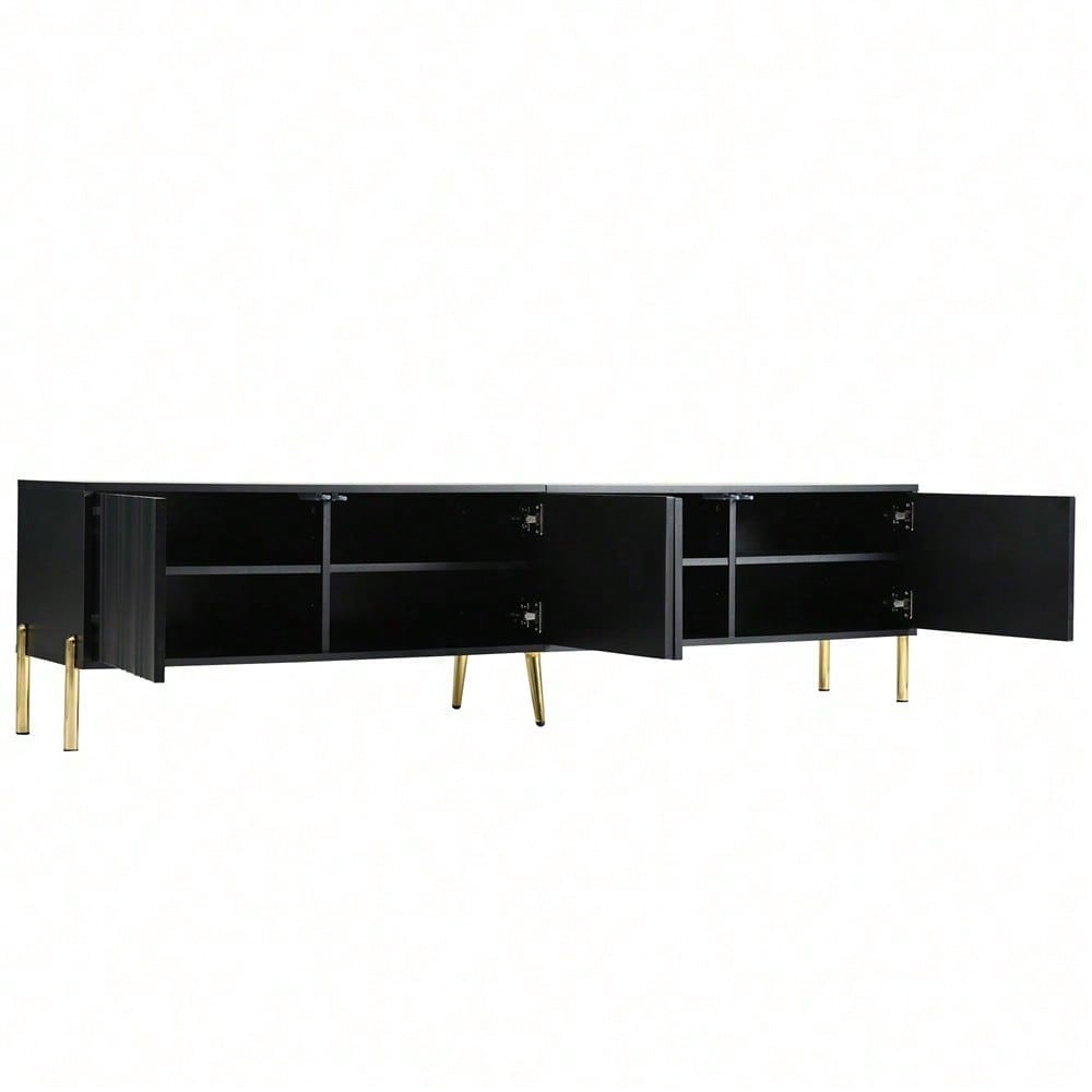 Weißes TV-Schrank, 190 cm lang x 38 cm breit x 48 cm hoch, goldene Tischbeine, gerilltes Türdesign
