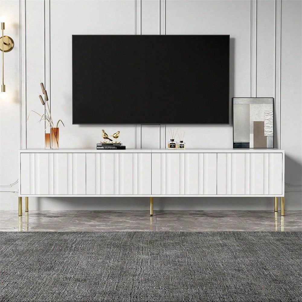 Weißes TV-Schrank, 190 cm lang x 38 cm breit x 48 cm hoch, goldene Tischbeine, gerilltes Türdesign