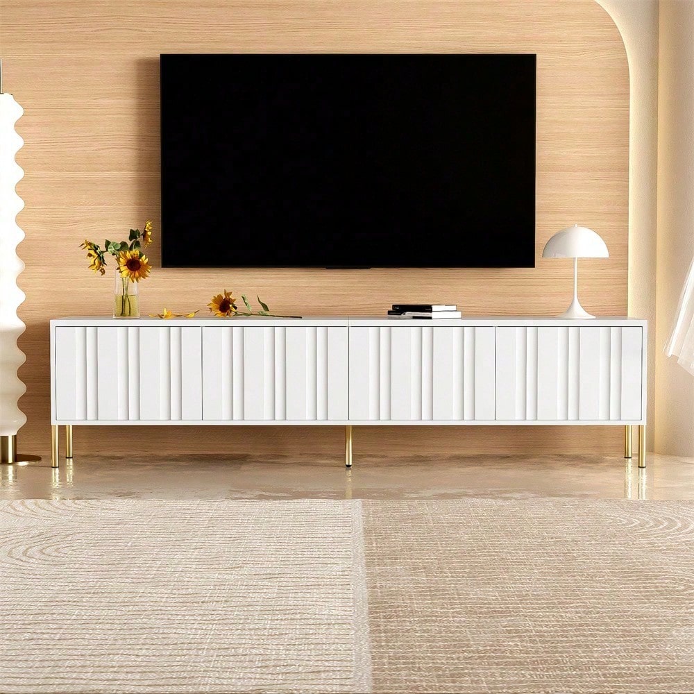Weißes TV-Schrank, 190 cm lang x 38 cm breit x 48 cm hoch, goldene Tischbeine, gerilltes Türdesign