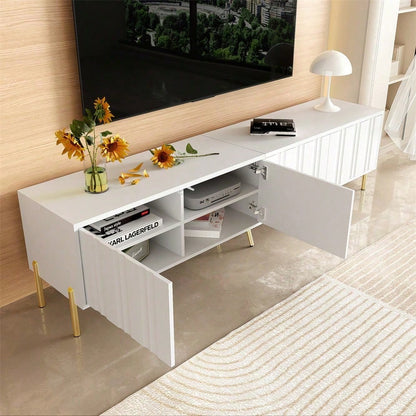Weißes TV-Schrank, 190 cm lang x 38 cm breit x 48 cm hoch, goldene Tischbeine, gerilltes Türdesign