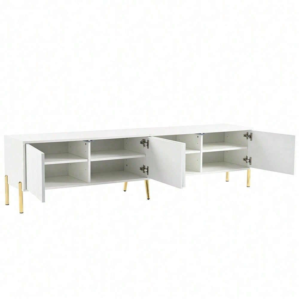 Weißes TV-Schrank, 190 cm lang x 38 cm breit x 48 cm hoch, goldene Tischbeine, gerilltes Türdesign