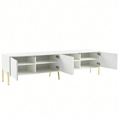 Weißes TV-Schrank, 190 cm lang x 38 cm breit x 48 cm hoch, goldene Tischbeine, gerilltes Türdesign