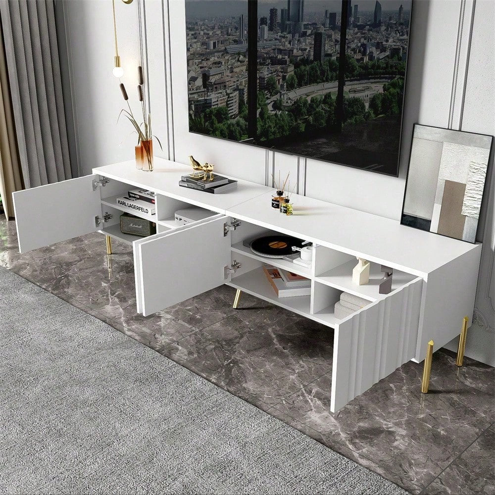 Weißes TV-Schrank, 190 cm lang x 38 cm breit x 48 cm hoch, goldene Tischbeine, gerilltes Türdesign
