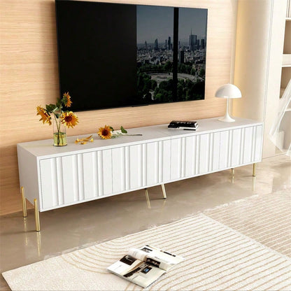 Weißes TV-Schrank, 190 cm lang x 38 cm breit x 48 cm hoch, goldene Tischbeine, gerilltes Türdesign