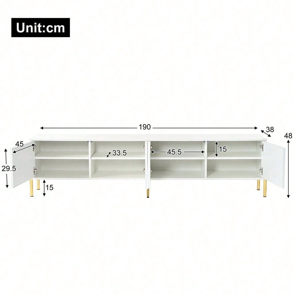 Weißes TV-Schrank, 190 cm lang x 38 cm breit x 48 cm hoch, goldene Tischbeine, gerilltes Türdesign