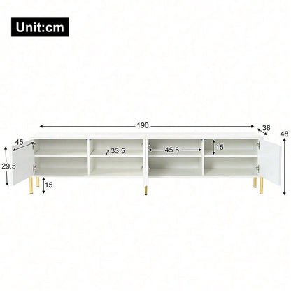 Weißes TV-Schrank, 190 cm lang x 38 cm breit x 48 cm hoch, goldene Tischbeine, gerilltes Türdesign