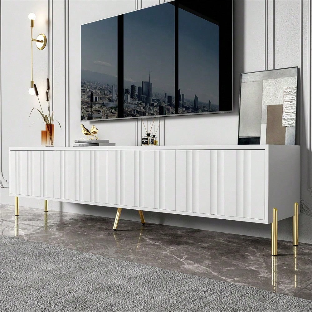 Weißes TV-Schrank, 190 cm lang x 38 cm breit x 48 cm hoch, goldene Tischbeine, gerilltes Türdesign