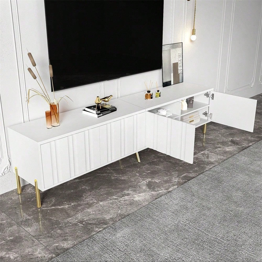 Weißes TV-Schrank, 190 cm lang x 38 cm breit x 48 cm hoch, goldene Tischbeine, gerilltes Türdesign