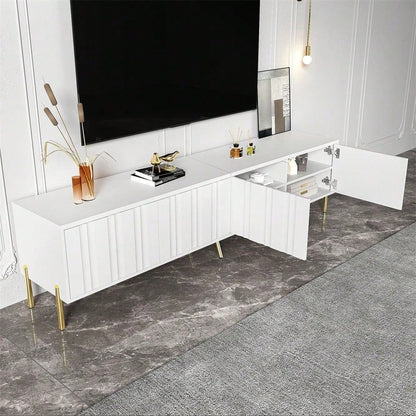 Weißes TV-Schrank, 190 cm lang x 38 cm breit x 48 cm hoch, goldene Tischbeine, gerilltes Türdesign
