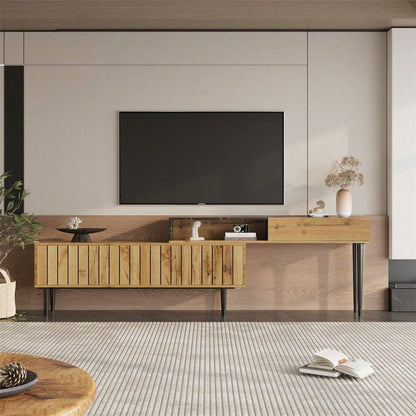 Moderner TV-Ständer mit Marmor- und Holzmaserungsdesign, PVC-Kante, Eisenbeinen, dunkle Holzfarbe, Heimdekoration, platzsparend, langlebig und langlebig