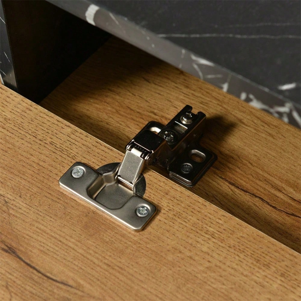 Moderner TV-Ständer mit Marmor- und Holzmaserungsdesign, PVC-Kante, Eisenbeinen, dunkle Holzfarbe, Heimdekoration, platzsparend, langlebig und langlebig