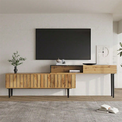 Moderner TV-Ständer mit Marmor- und Holzmaserungsdesign, PVC-Kante, Eisenbeinen, dunkle Holzfarbe, Heimdekoration, platzsparend, langlebig und langlebig