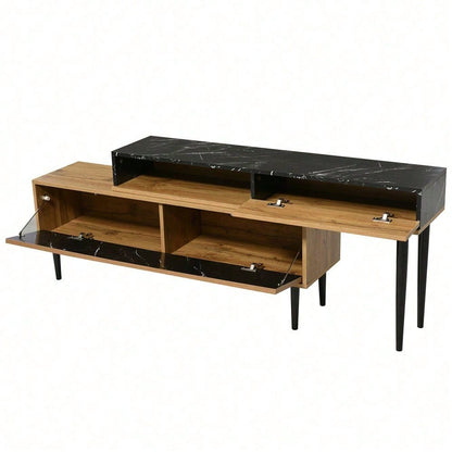 Moderner TV-Ständer mit Marmor- und Holzmaserungsdesign, PVC-Kante, Eisenbeinen, dunkle Holzfarbe, Heimdekoration, platzsparend, langlebig und langlebig