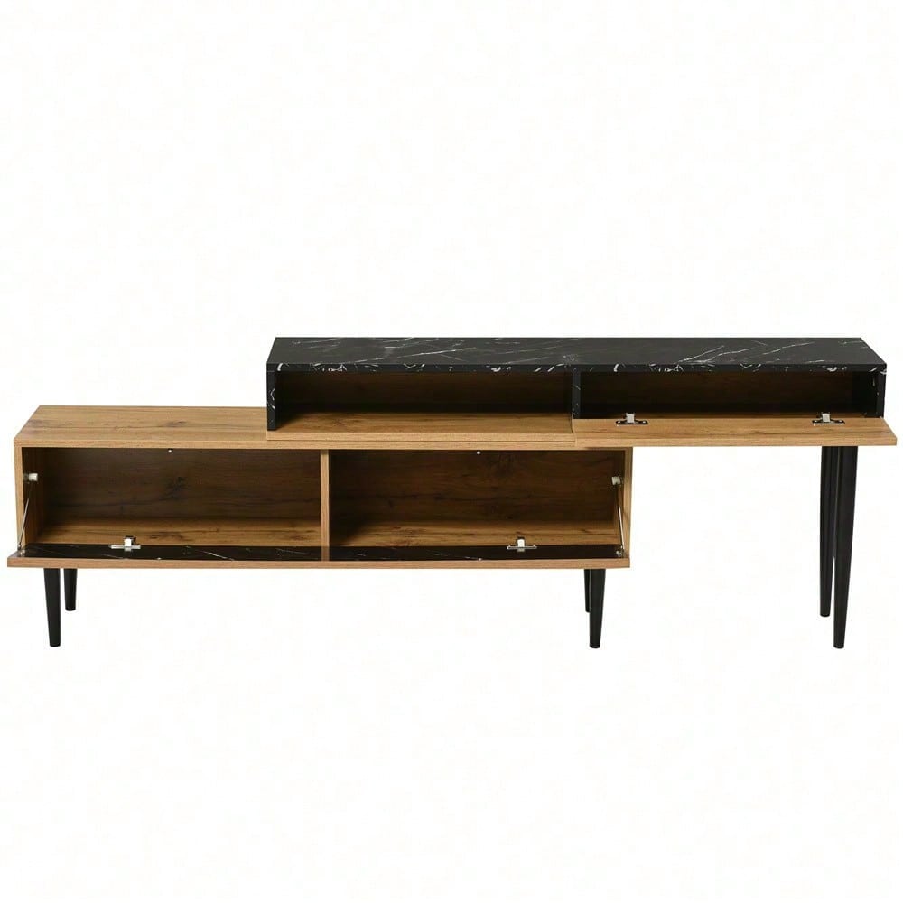 Moderner TV-Ständer mit Marmor- und Holzmaserungsdesign, PVC-Kante, Eisenbeinen, dunkle Holzfarbe, Heimdekoration, platzsparend, langlebig und langlebig
