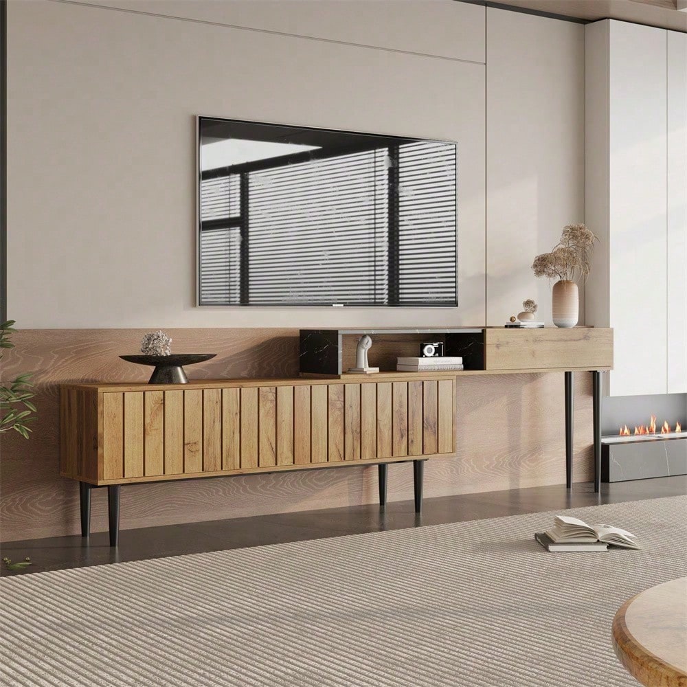 Moderner TV-Ständer mit Marmor- und Holzmaserungsdesign, PVC-Kante, Eisenbeinen, dunkle Holzfarbe, Heimdekoration, platzsparend, langlebig und langlebig