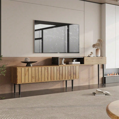 Moderner TV-Ständer mit Marmor- und Holzmaserungsdesign, PVC-Kante, Eisenbeinen, dunkle Holzfarbe, Heimdekoration, platzsparend, langlebig und langlebig