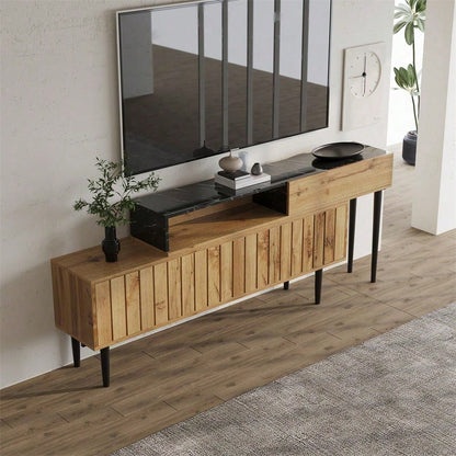 Moderner TV-Ständer mit Marmor- und Holzmaserungsdesign, PVC-Kante, Eisenbeinen, dunkle Holzfarbe, Heimdekoration, platzsparend, langlebig und langlebig