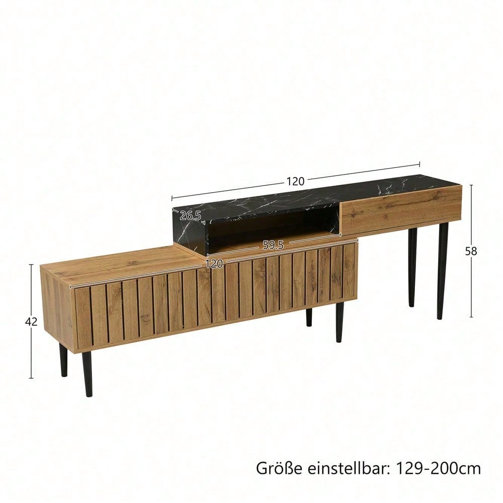 Moderner TV-Ständer mit Marmor- und Holzmaserungsdesign, PVC-Kante, Eisenbeinen, dunkle Holzfarbe, Heimdekoration, platzsparend, langlebig und langlebig